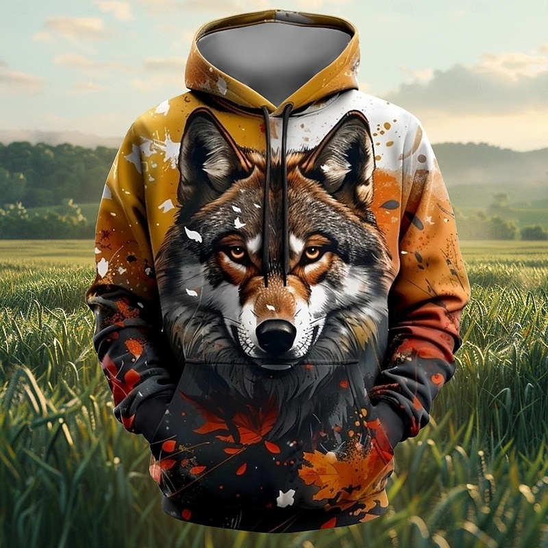 Men's Wolf Hoodies Sweatshirt Fashion Cool Long Sleeve Crew Neck Party Holiday Streetwear Brown Drawstring Fall Winter Designer