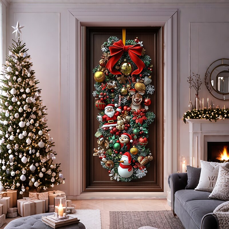 Christmas Door Decorations Door Covers Wreath Xmas Santa Snowman Reindeer Door Tapestry Door Curtain Decoration Backdrop Indoor/Outdoor Door Banner for Front Door Farmhouse4