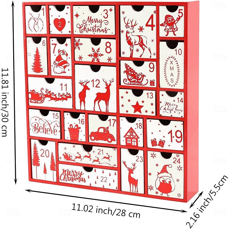 Christmas Advent Calendar with 24 Drawers - Wooden Table Decor Count Down to Christmas Gift, Tree, Reindeer, Snowflake Decorations - Festive Holiday Countdown4