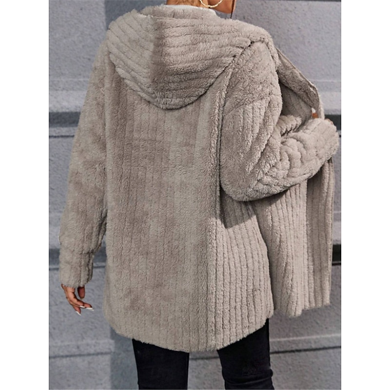 Women's Fleece Jacket Teddy Coat Hoodie Jacket Warm Breathable Fleece Lined Casual Plain Vacation Street Daily Wear Going out Open Front Regular Hoodie Regular Fit Long Sleeve Outerwear Blue Khaki2
