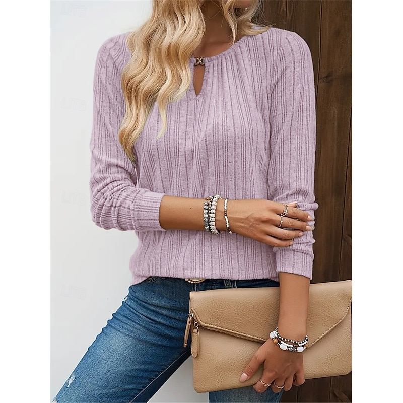 Women's T Shirt Plain Fashion Modern Casual Long Sleeve Crew Neck Regular Tops Daily Weekend Pink Green Khaki Fall Winter 15