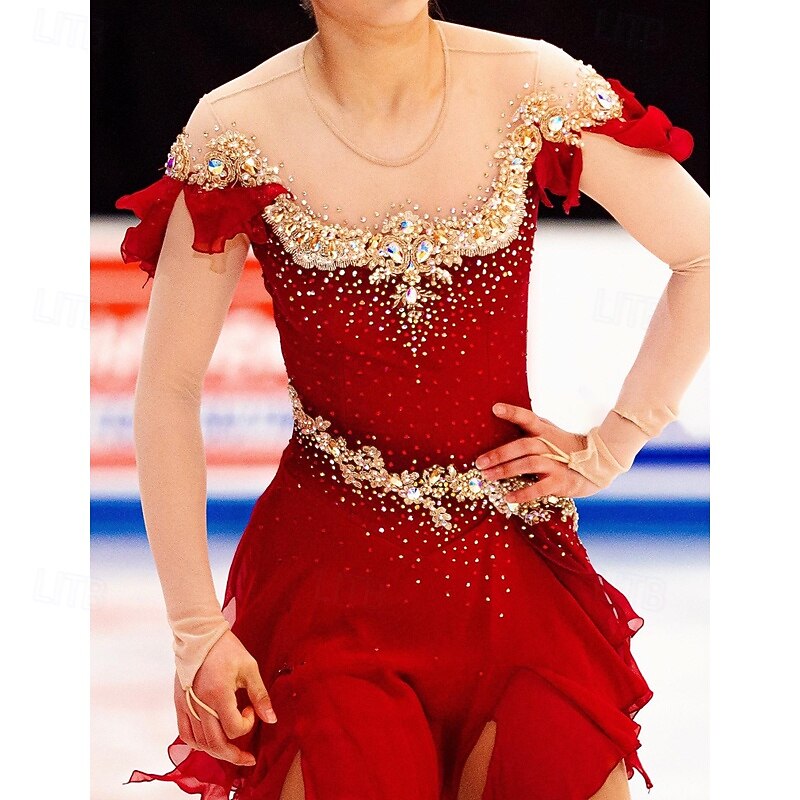 Figure skating costume for adults and children solid color gradient color diamond customized spandex mesh grading performance costume competition training red rhinestone women's skirt performance