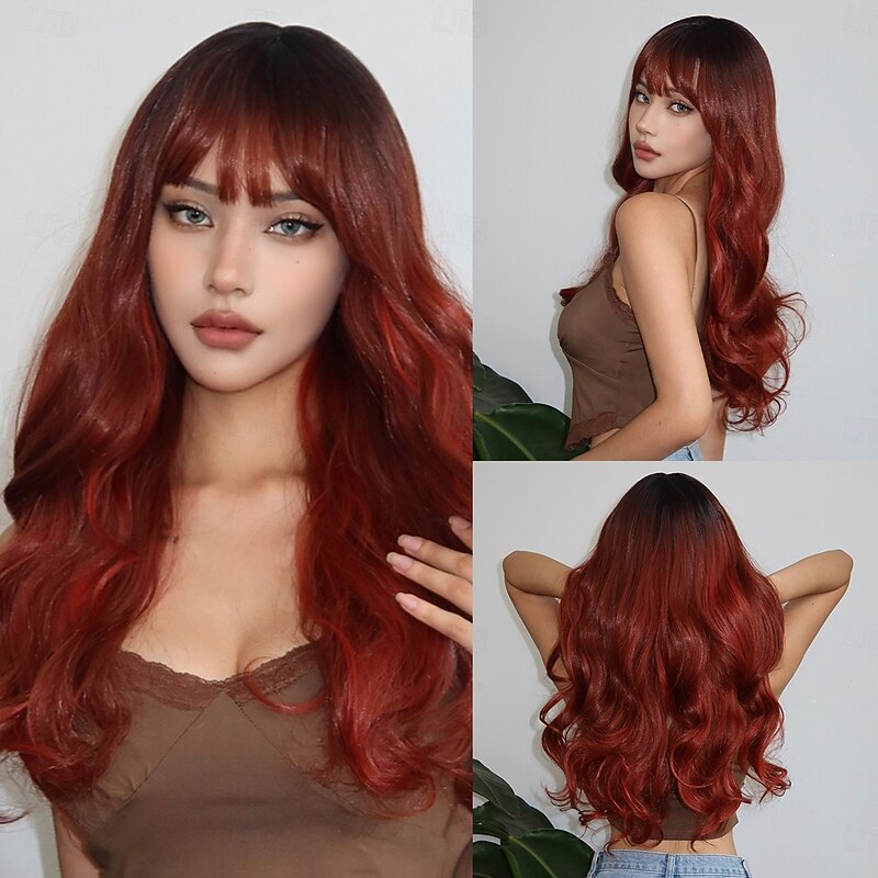 Synthetic Wig Curly Wavy Neat Bang With Bangs Machine Made Wig 26 inch sepia Synthetic Hair Women's Cute Cosplay Party Brown