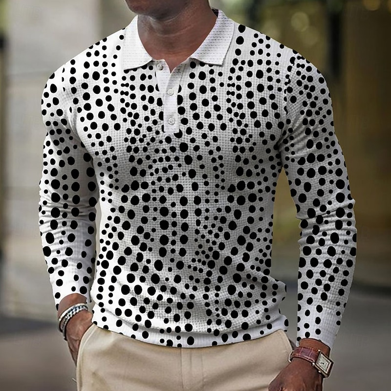 Men's Spot Waffle Polo Shirts Golf Shirt Long Sleeve Polo Shirts Collared Shirts Business Casual Outdoor Office Dailywear Buttons 3D Print Spring Fall Winter White - Main Image