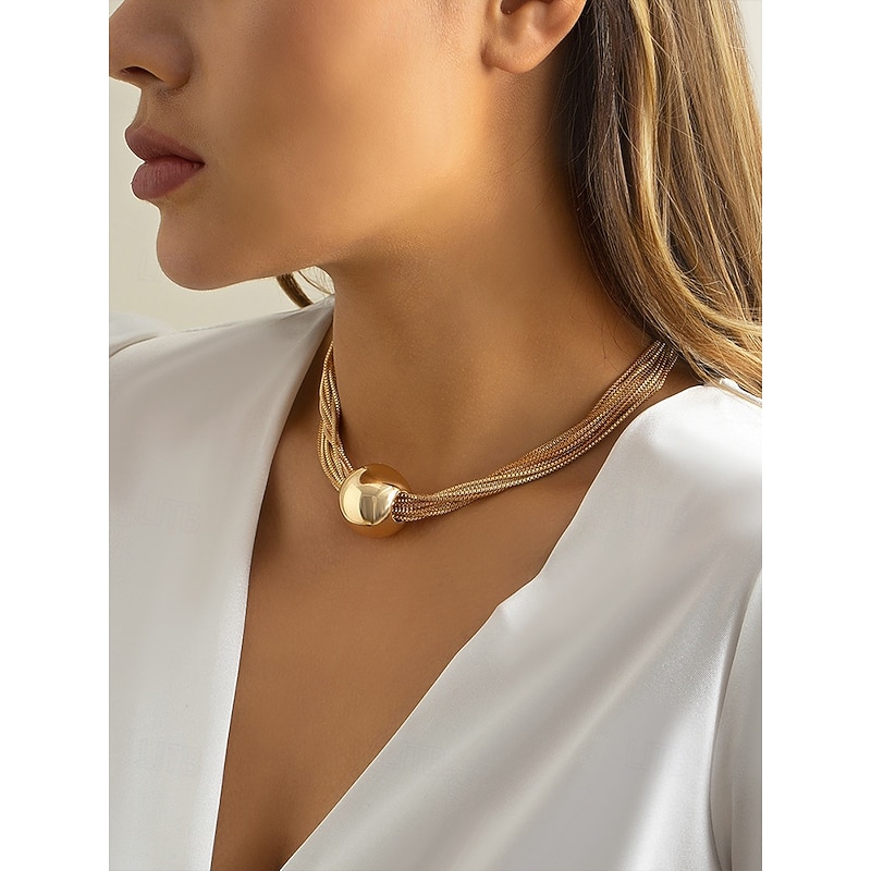 Women's Gold Statement Bracelet and Necklace - Multi-Layer Chain Design with Polished Sphere Pendant, Perfect for Evening Events and Formal Occasions2