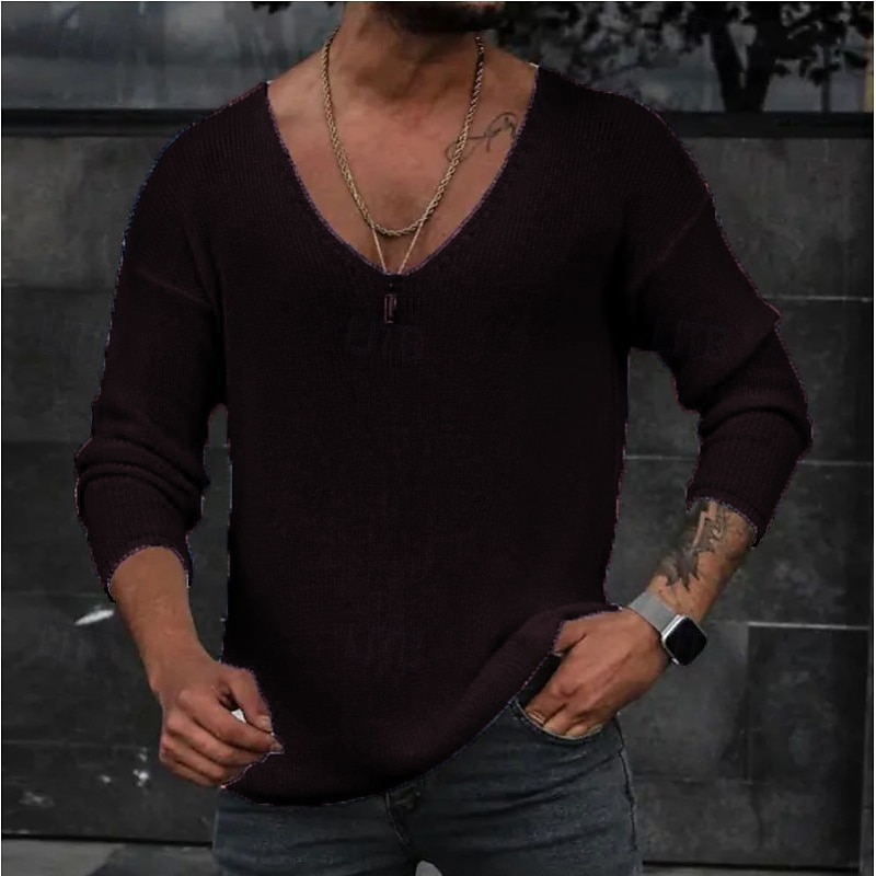 Men's Pullover Sweater Jumper Knit Sweater Ribbed Cable Knit Knit Regular Tops Knitted Plain V Neck Fashion Basic Vacation Daily Wear Clothing Apparel Fall & Winter Black White S M L4