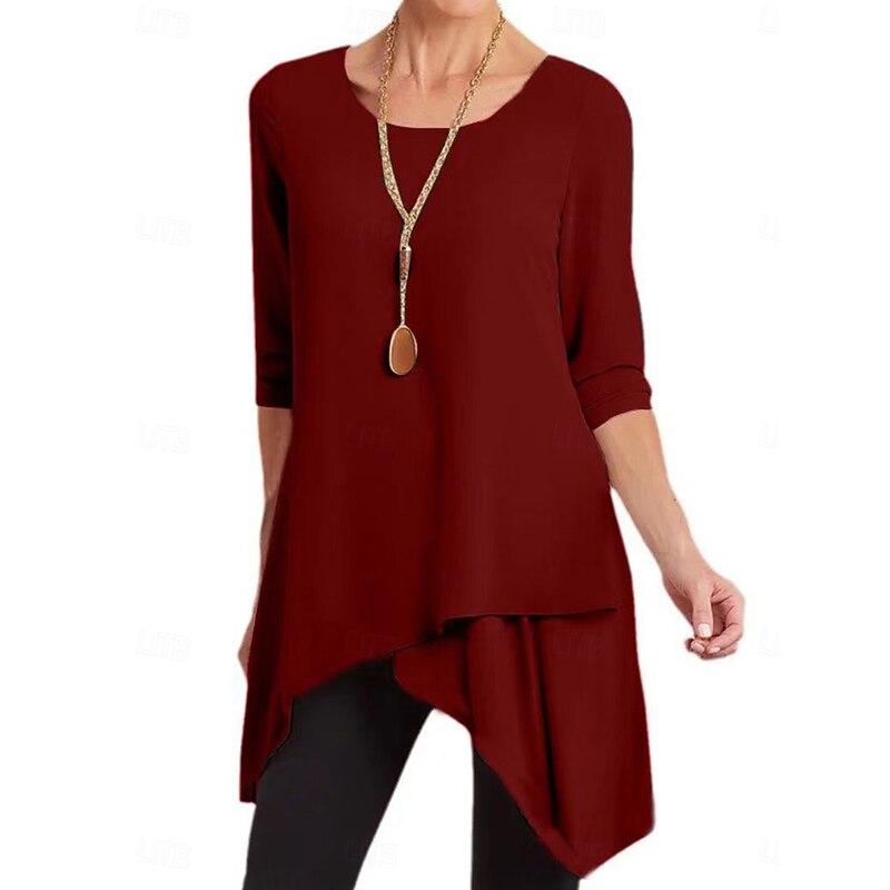 Women's Tunic Long Sleeve Crew Neck Red Blue Khaki Spring Fall3