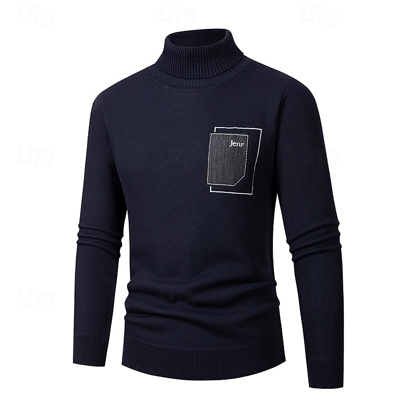 Men's Turtleneck Sweater Pullover Sweater Jumper Ribbed Knit Patchwork Pocket Solid Color Turtleneck Elegant Vintage Formal Work Clothing Apparel Bishop Sleeve Fall Winter Wine Black M L XL4