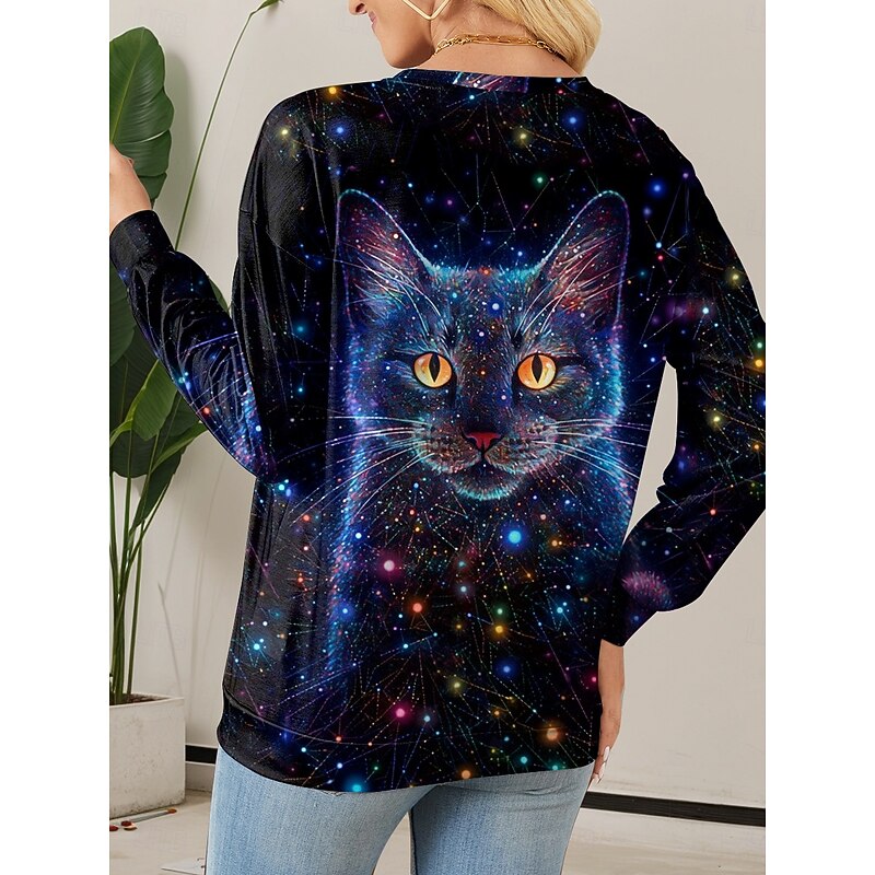 Women's Pullover Casual Cat Dailywear Casual Crew Neck Print Long Sleeve Blue Fall Winter3