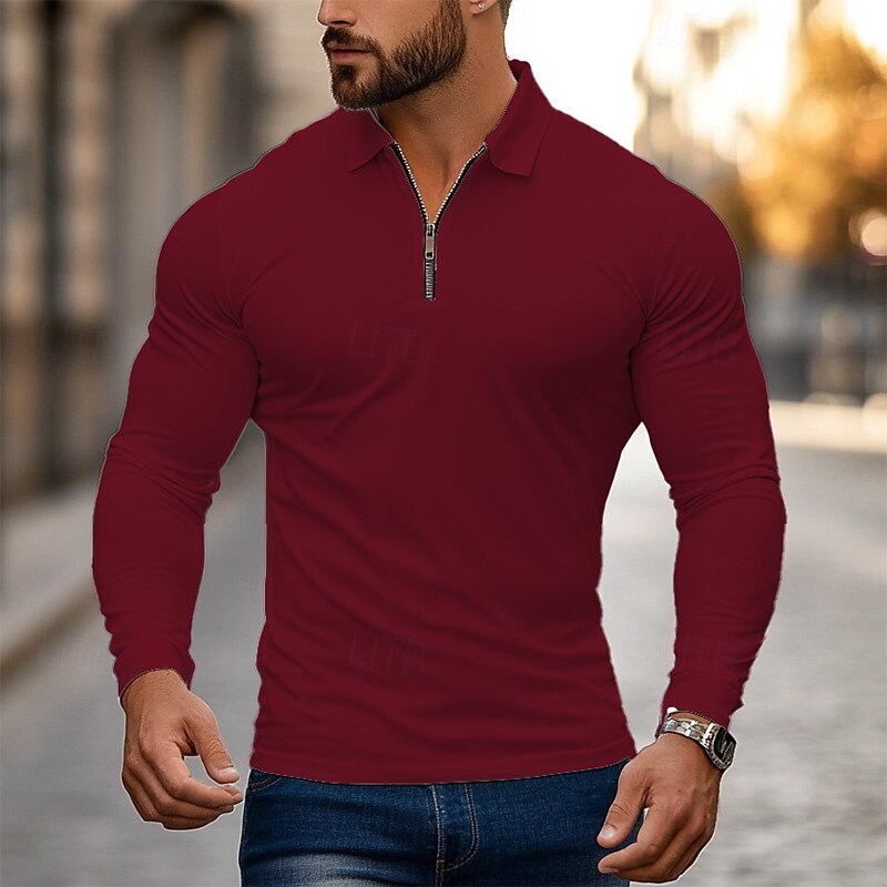 Men's Zip Polo Golf Shirt Work Casual Lapel Long Sleeve Basic Modern Plain Zipper Spring &  Fall Regular Fit Navy-blue Black White Red Light Grey Zip Polo4