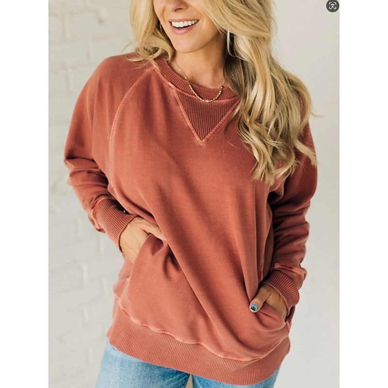 Women's Sweatshirt Casual Plain Street Dailywear Crew Neck Pocket Long Sleeve Red Khaki Gray Fall Winter2