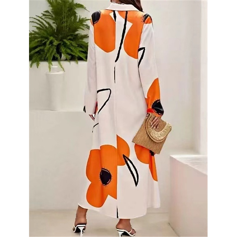 Women's Floral Shirt Collar Maxi Dress Long Sleeve Spring Fall2