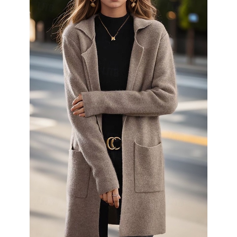 Women's Sweater Cardigan Sweater Jacket Shirt Collar Knit Pocket Knitted Spring Fall Home Daily Weekend Elegant Daily Casual Long Sleeve Pure Color Black Camel3