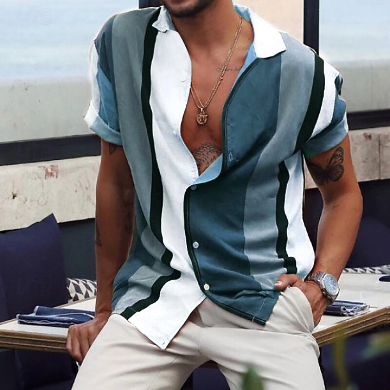Men's Striped Geometric Pattern Shirt Bowling Shirt Button Up Shirt Short Sleeve Fashion Designer Casual Outdoor Daily Summer Collar Print Button-Down Blue Purple Brown Green3