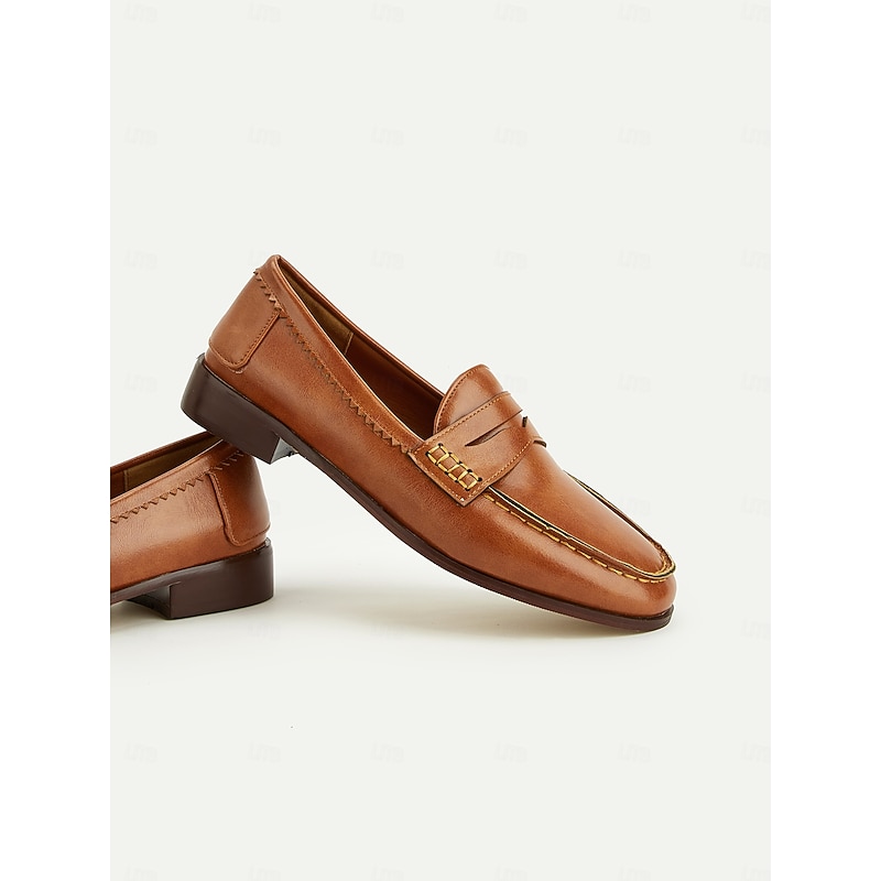 Women's Classic Brown Faux Leather Loafers – Comfortable Slip-On Driving Shoes with Hand-Stitched Detailing for Casual and Formal Wear3