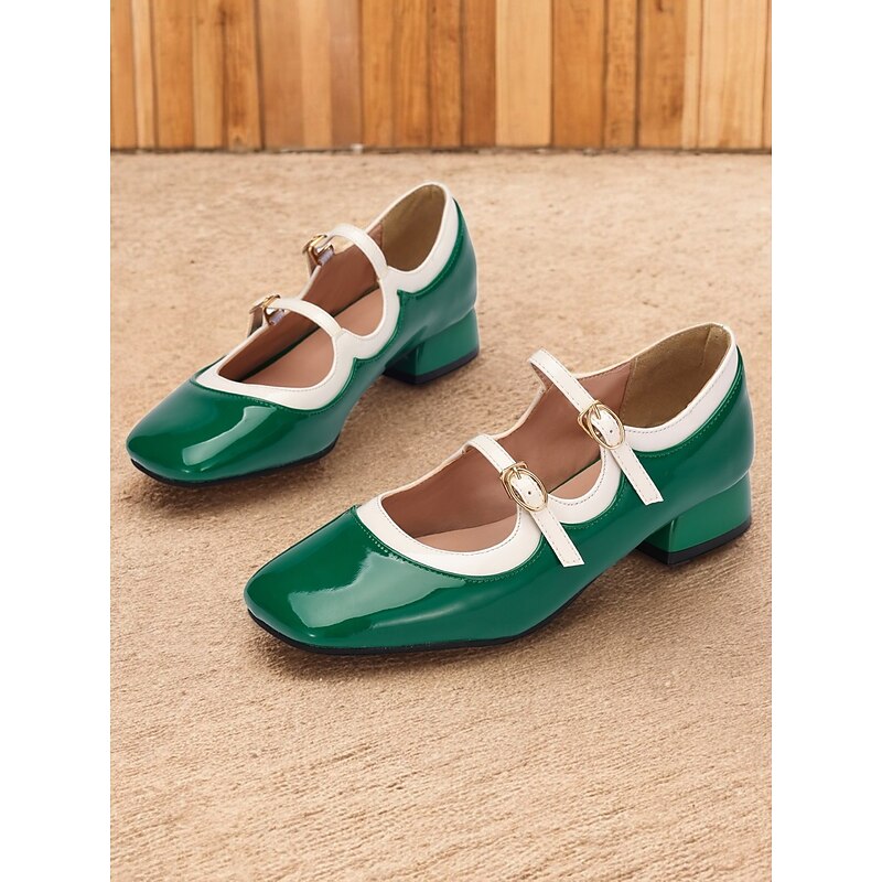 Retro Green Patent Leather Mary Jane Shoes – Women's Vintage Double-Strap Low Block Heels for Casual and Cosplay Wear3