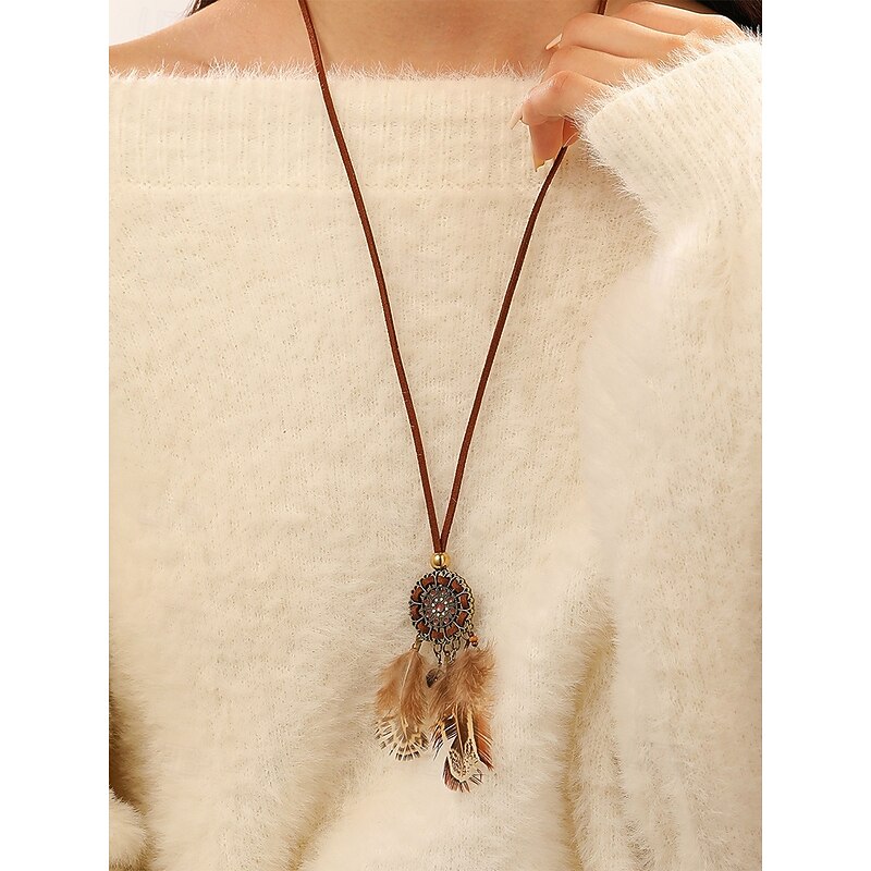 Women's Boho Tassel Necklace with Leather Cord and Dreamcatcher Pendant - Perfect for Festivals and Bohemian Style3