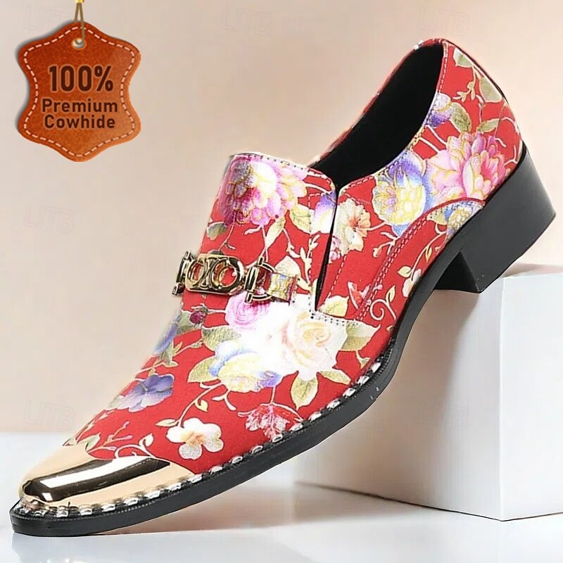 Men's Red Floral Leather Loafers with Metallic Cap Toe and Buckle Detail – Premium Cowhide Statement Shoes for Fashionable Outfits