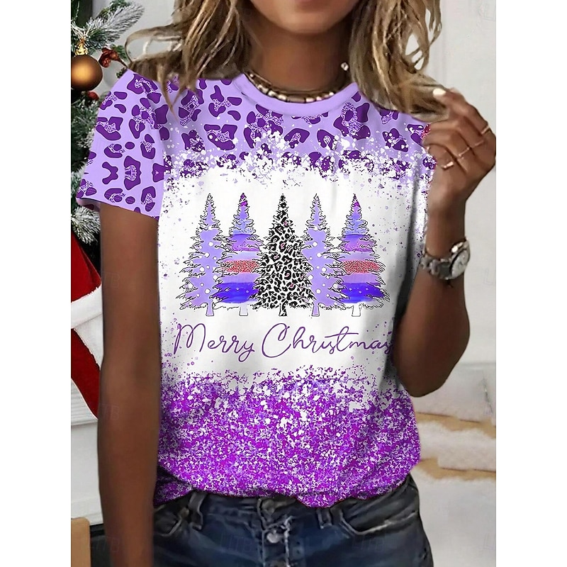 Women's T-shirt Festive Holiday Top Pink Trees Leopard Glitter Merry Casual Round Neck Short Sleeve Comfort Fit Winter Wear Multisize2