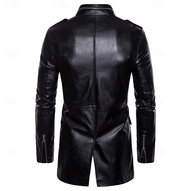 Men's Faux Leather Jacket Biker Jacket Motorcycle Jacket Home Office Windbreaker Pocket Winter Spring &  Fall Solid Color Vintage Classic Style Regular Black Jacket2