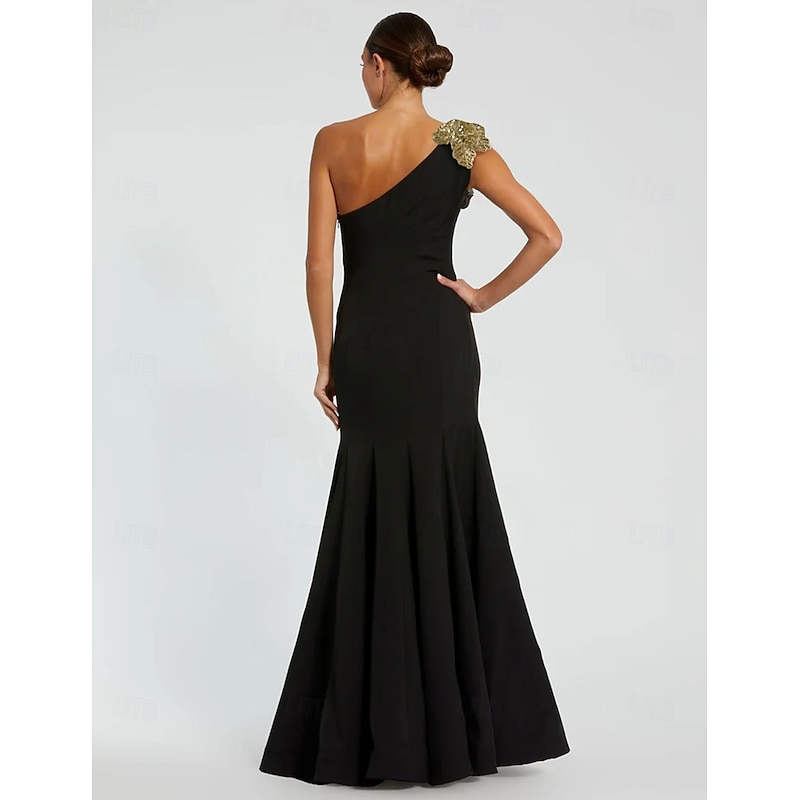 Black Tie Mermaid / Trumpet Evening Gown Elegant Formal Dress Formal Wedding Floor Length Sleeveless One Shoulder Capes Stretch Crepe with Shawl 20252