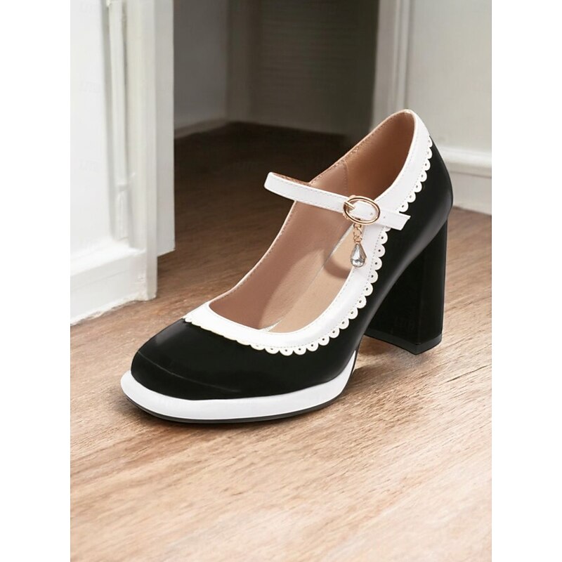 Women's Pink and White Mary Jane Heels with Decorative Buckle Strap and Block Heels – Retro-Inspired Shoes for Parties and Formal Occasions3