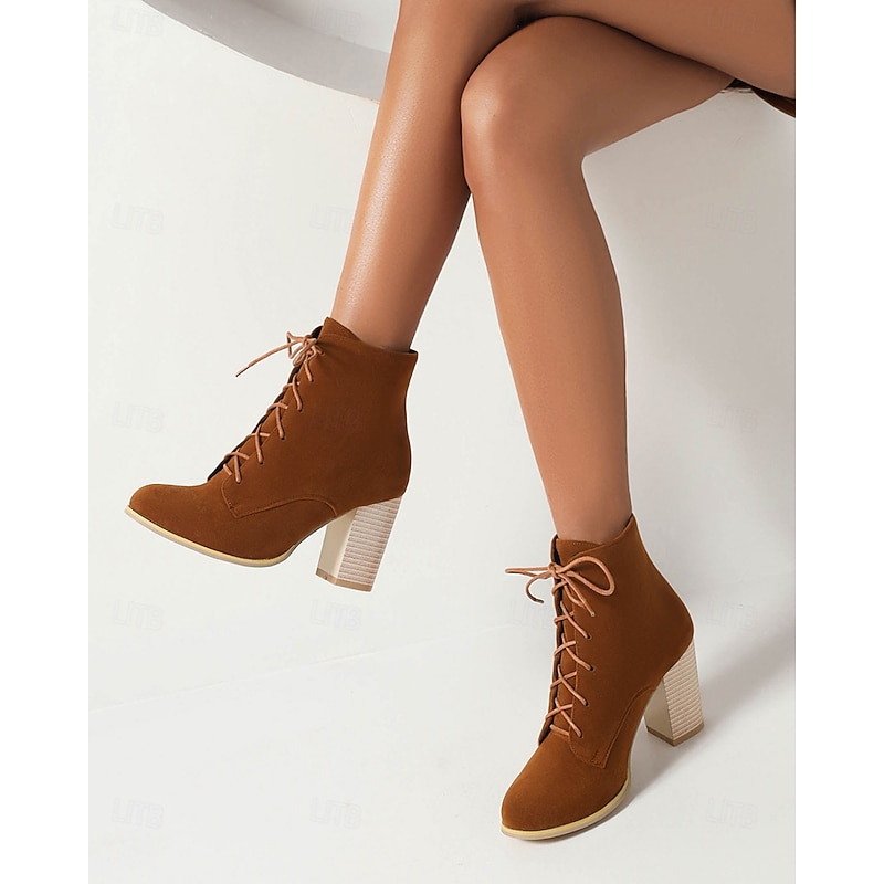 Women's Tan Lace-Up High Heel Ankle Boots with Block Heels – Stylish Vintage-Inspired Footwear for Fall and Casual Outfits3