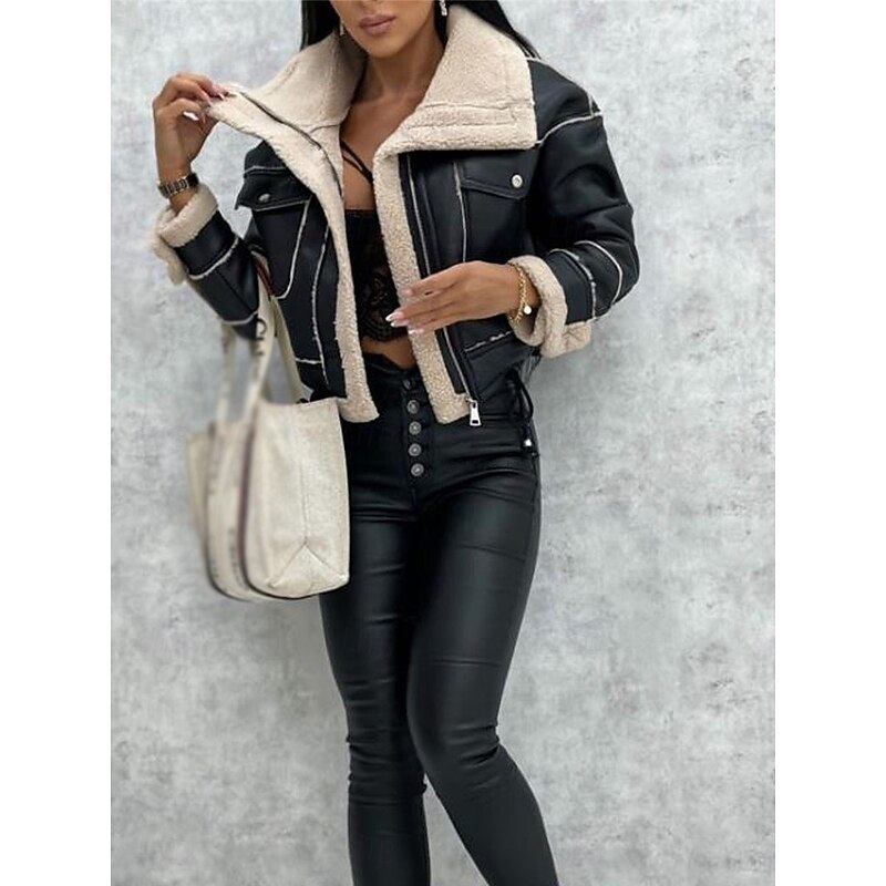 Women's Faux Leather Jacket Fleece Jacket Teddy Coat Warm Breathable Zipper Pocket Fleece Lined Casual Plain Vacation Street Daily Wear Going out Zipper Short Turndown Regular Fit Long Sleeve4