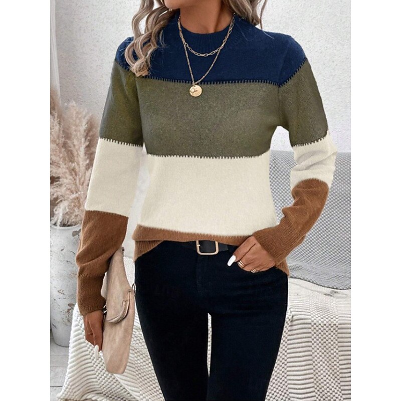Women's Sweater Fashion Streetwear Daily Color Block Turtleneck Knitted Long Sleeve Regular Tops Knit Daily Weekend Pink Blue Fall Winter4