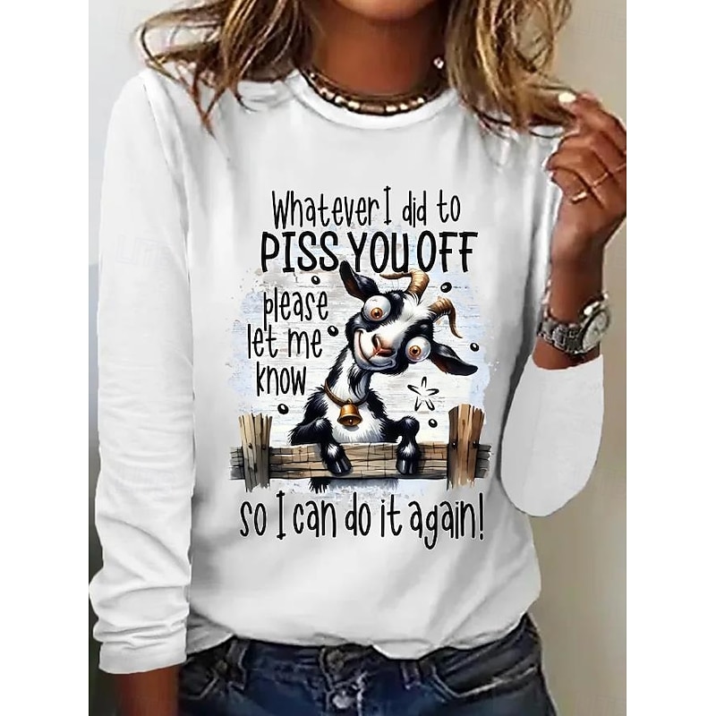 Women's Tunic T Shirt Fashion Casual Cat Regular Tops Long Sleeve Crew Neck Print Loose Fit Daily White Spring Fall