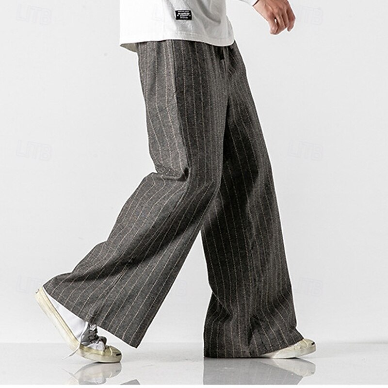 Men's Trousers Casual Pants Pocket Drawstring Straight Leg Stripe Comfort Outdoor Daily Fashion Casual Dark Brown Black Micro-elastic3