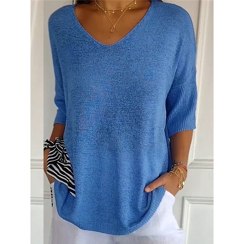 Women's Sweater Casual Soft Pure Color Ribbed V Neck Knitted 3/4 Length Sleeve Regular Tops Knit Outdoor Daily Weekend Blue Green Fall