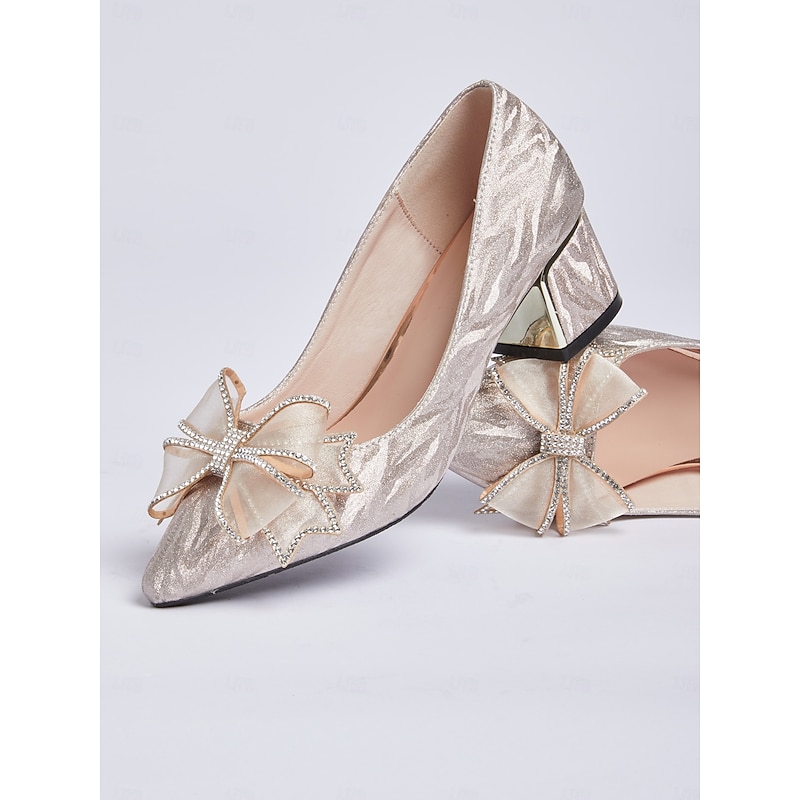 Women's Glitter Block Heels with Bow Rhinestone Accent – Elegant Party and Evening Shoes4