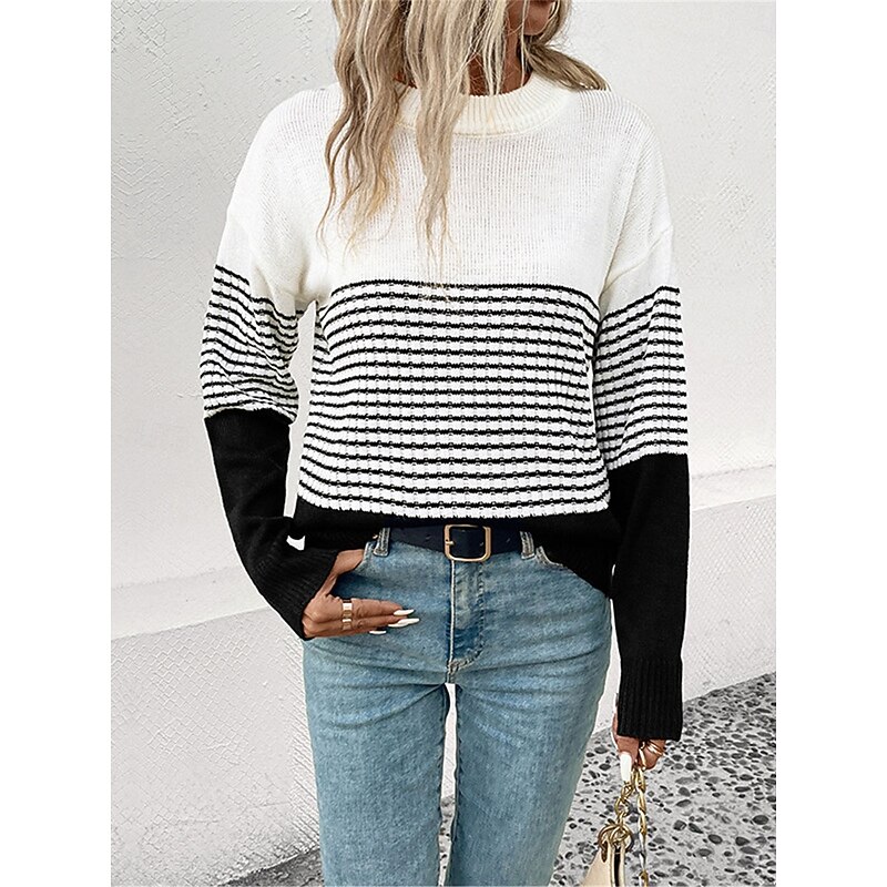 Women's Sweater Casual Soft Striped Ribbed Crew Neck Knitted Long Sleeve Regular Tops Knit Outdoor Daily Weekend Black Fall Winter4
