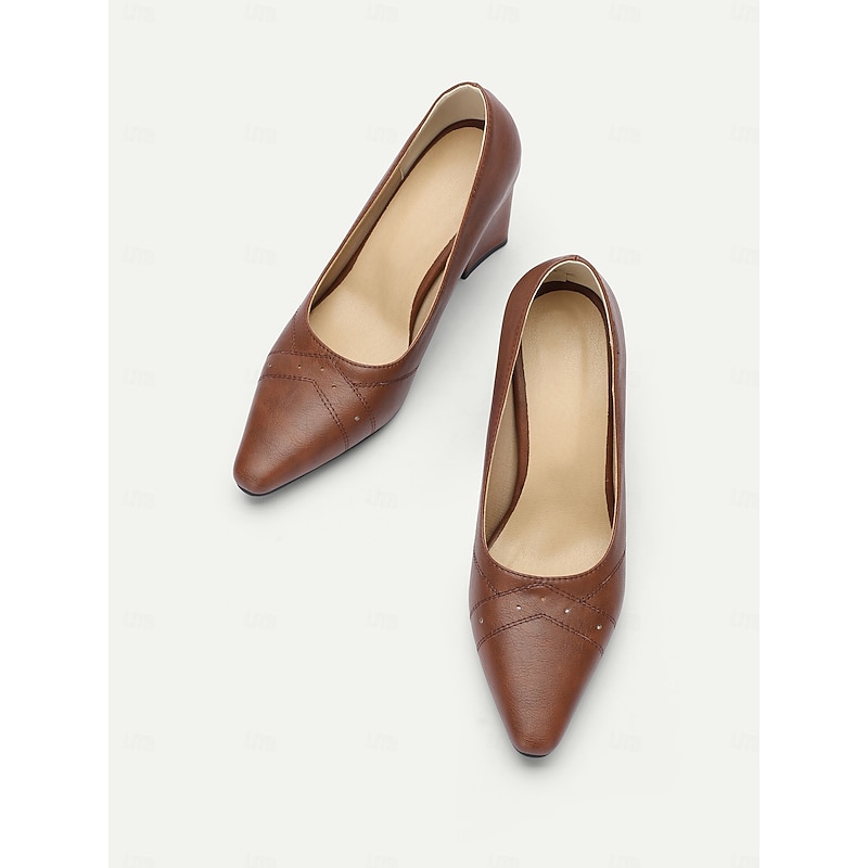 Women's Brown Block Heel Pumps – Retro Pointed-Toe Formal Shoes with Elegant Stitch Detailing for Office and Party Wear4