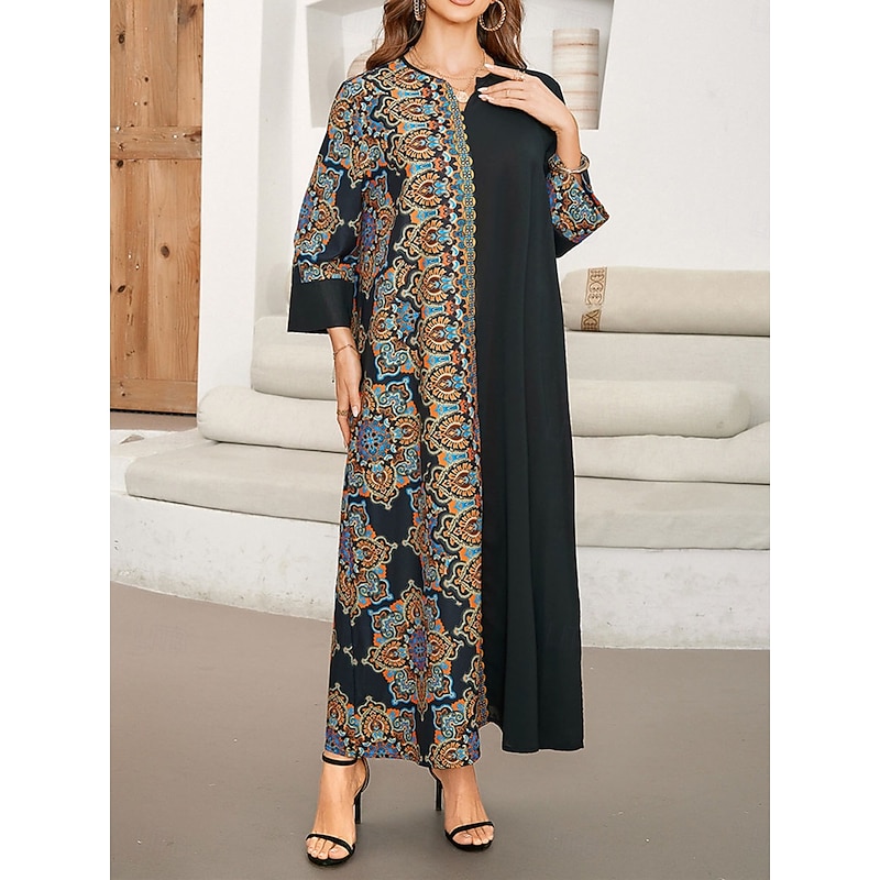 Women's Maxi Dress Casual Dress Kaftan Dress Boho Dress Casual Daily Regular Fit Geometric 3/4 Length Sleeve Notched Neck Black Spring Fall4