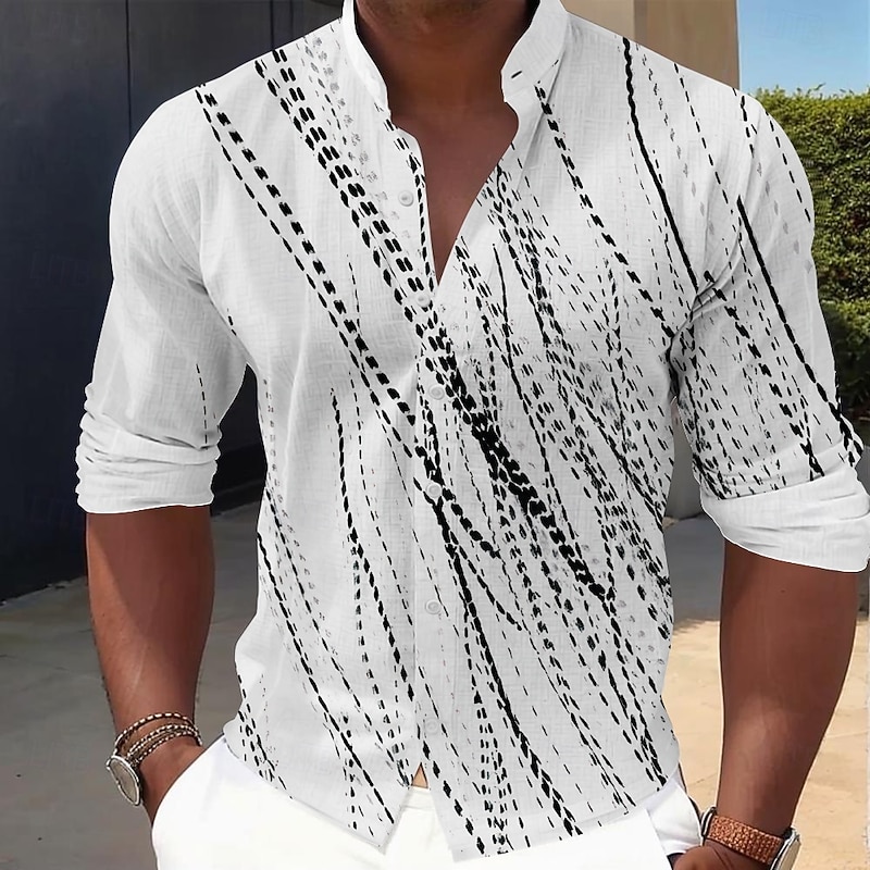 Men's Line Dress Shirt Button Up Shirt Long Sleeve Casual Vacation Home Daily Summer Spring &  Fall Grandad Collar Band Collar 3D Print Black White Blue Gray