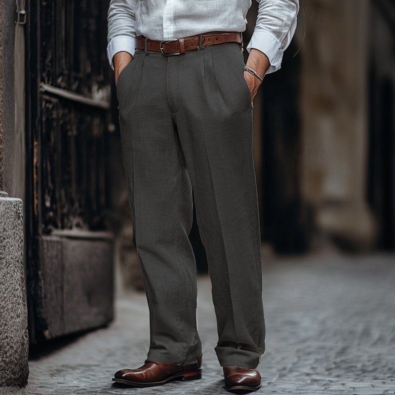 Men's Linen Pants Trousers Summer Pants Pleated Pants Dress Slacks Front Pocket Straight Leg Plain Comfort Breathable Business Casual Daily Fashion Basic Black White3