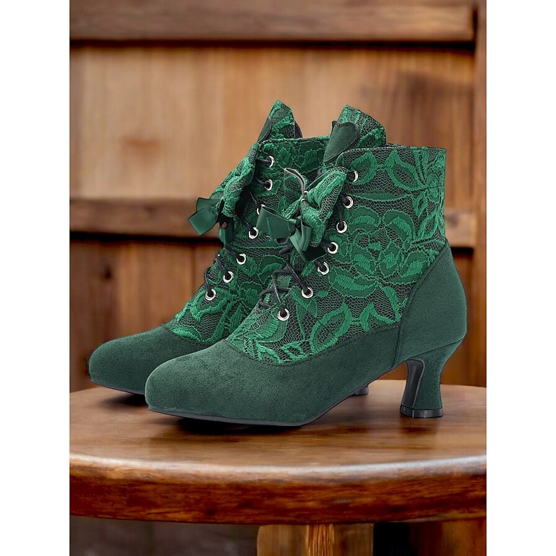 Women's Burgundy Victorian Lace-Up Ankle Boots with Floral Lace Design and Mid-Heel – Elegant Retro Style for Formal and Casual Occasions4