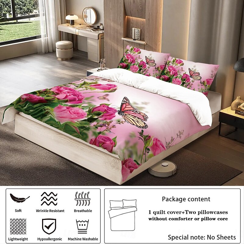 Flowers Butterflies Plants Flowers Prints Three Piece Down Comforter Set Hotel Bedroom Guest Room Bedding Comfortable Set 1 Down Comforter Set 2 Pillowcases Queen Size Bed Set 2-Piece Set4