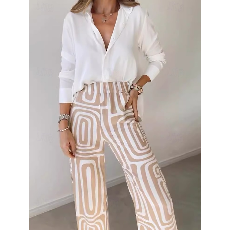 Women's Fashion Streetwear Daily Shirt Linen-Inspired Sets Two Piece Sets Dress Pants Long Sleeve Bishop Sleeve Shirt Collar Plain Printing Patchwork Print Formal Casual Daily Khaki Fall Regular Fit3