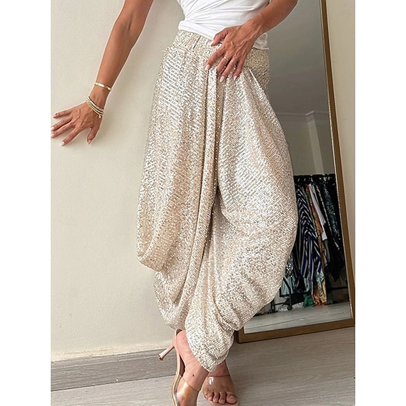 Bloomers Punk Fashion Full Length High Waist Solid Color Sequins Comfy Breathability Soft Micro-elastic Outdoor Street Black Champagne Spring &  Fall Loose Fit