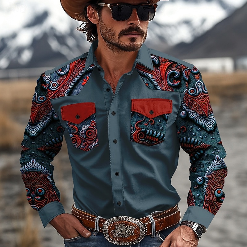 Men's Floral Western Shirt Cowboy Shirt Long Sleeve Western Sport Spring Fall Turndown Patchwork Yellow Red Brown Green Gray4