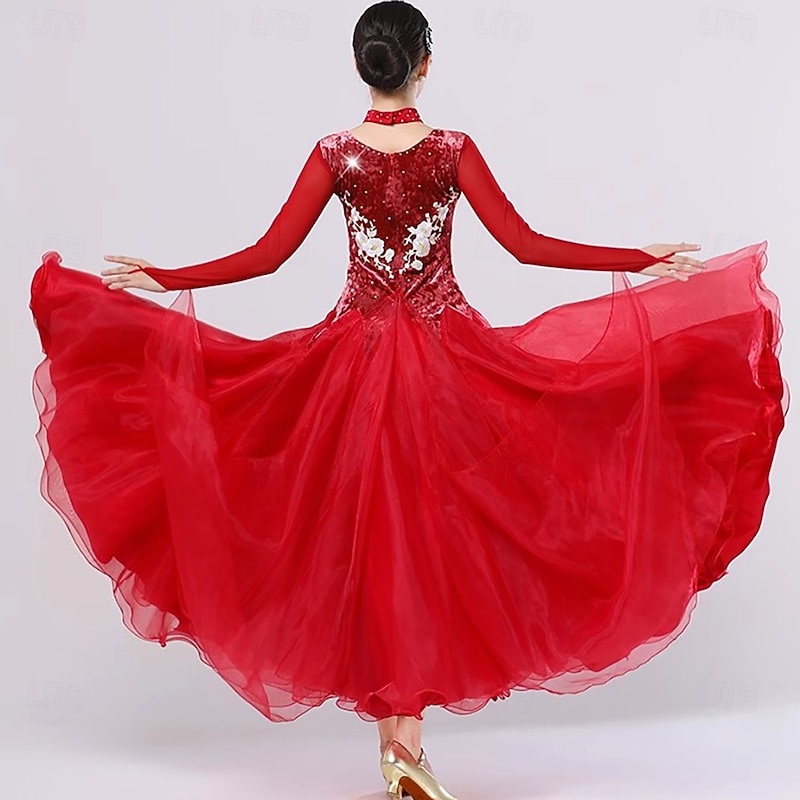 Ballroom Dance Dress Splicing Crystals / Rhinestones Women's Performance Party Long Sleeve Organza Velvet2
