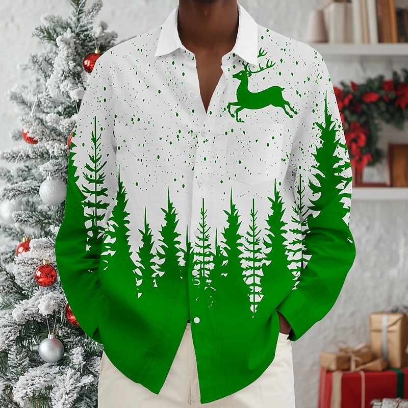 Christmas Men's Santa Claus Rudolph Shirt Beach Shirt Button Up Shirt Long Sleeve Hawaiian Casual Vacation Daily Fall Winter Spring & Summer Collared Shirts 3D Print Red Blue Purple Green Drak Red3