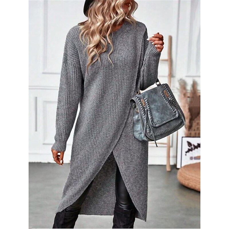 Women's Sweater Sweater Dress Casual Soft Pure Color Ribbed Crew Neck Knitted Long Sleeve Long Tops Knit Outdoor Daily Weekend Green Khaki Fall Winter3
