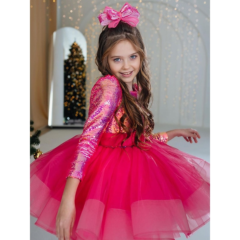 Kids Girls' Party Dress Solid Color Long Sleeve Performance Mesh Princess Sweet Mesh Mid-Calf Sheath Dress Tulle Dress Summer Spring Fall kids Rose Red4