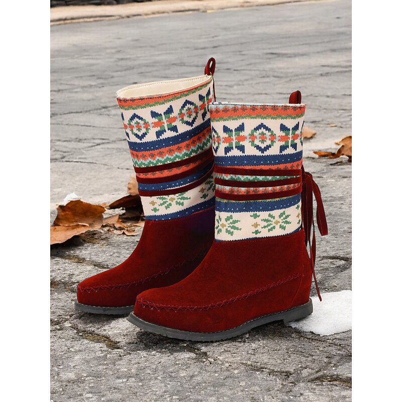 Women's Retro Knit Pattern Winter Boots – Suede Upper with Tribal Design and Warm Lining, Ideal for Cold Weather and Casual Outfits - Main Image