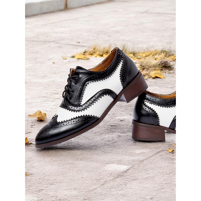 Women's Black and White Brogue Oxford Shoes - Vintage Two-Tone Wingtip Faux Leather Dress Shoes for Formal Occasions3