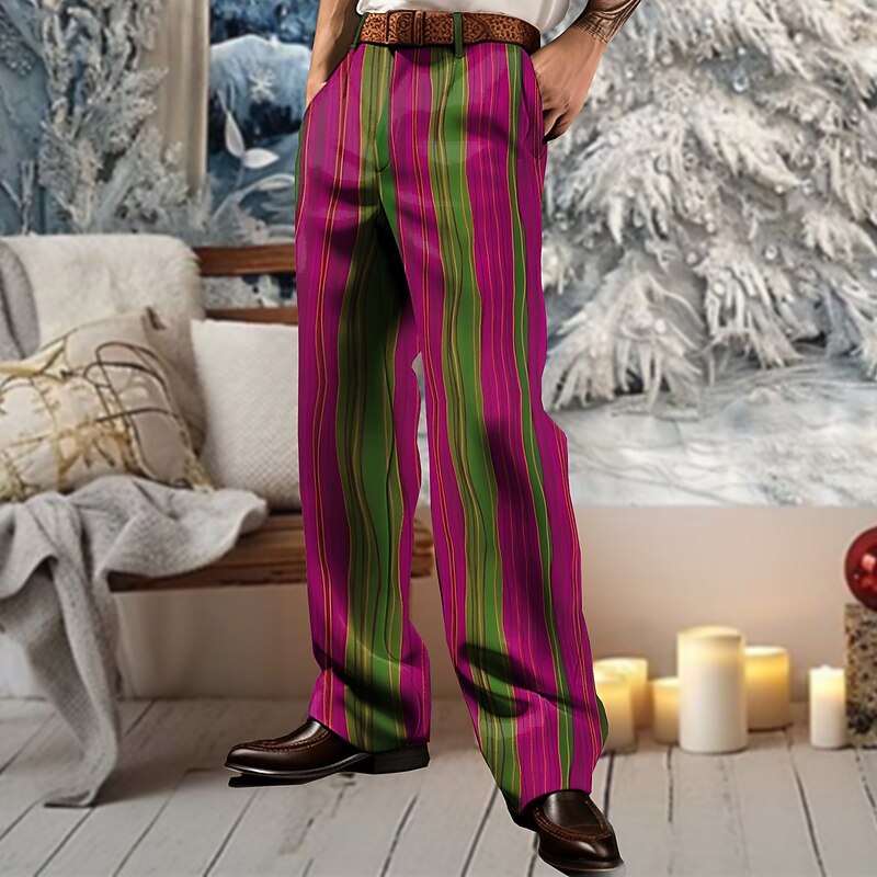 Christmas Men's Striped Dress Pants Mid Waist Casual Party Outdoor Home Zipper Pocket Straight Leg Trousers Summer Spring Fall 3D Print Pink Red Orange2